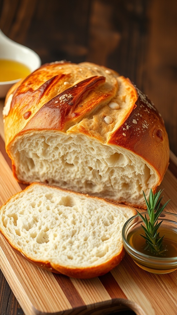 Freshly baked artisan bread loaf with a golden crust and soft interior on a cutting board.